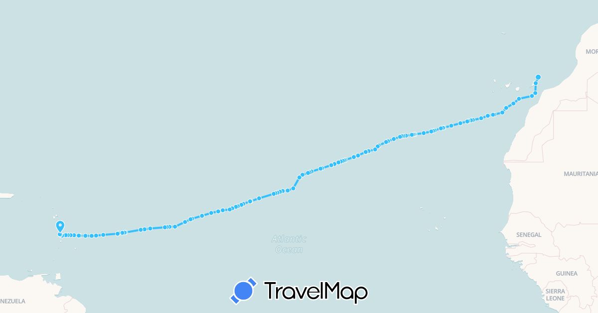 TravelMap itinerary: driving, boat in Spain, Martinique (Europe, North America)